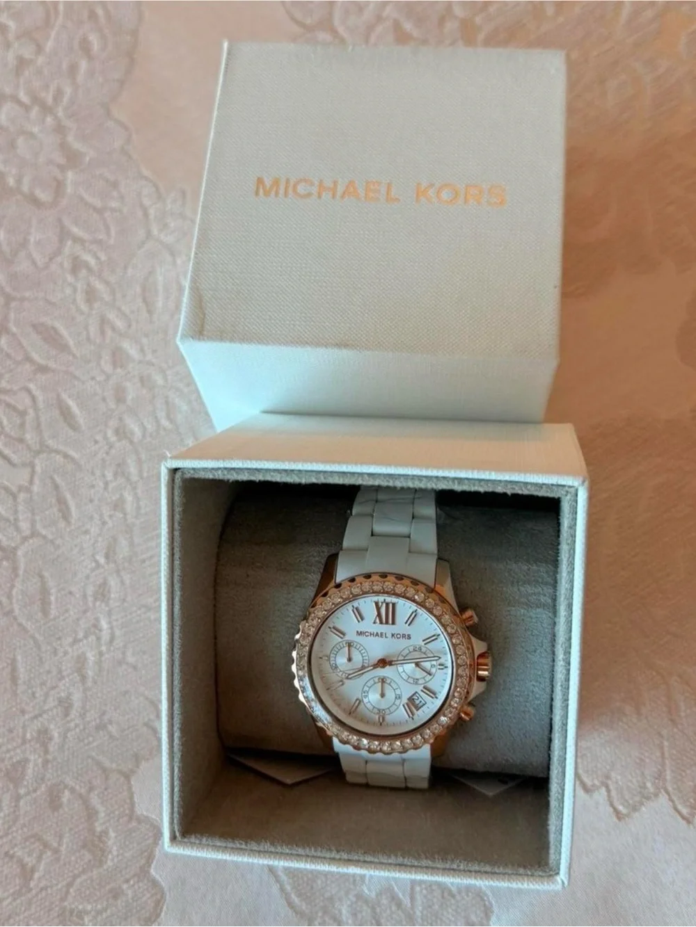 Michael Kors White and Rose Gold Crystal-Accent Chronograph Watch